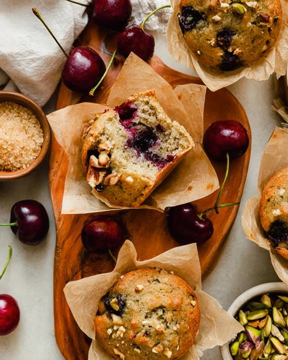 bite taken out of pistachio cherry muffin in parchment liner surrounded by additional muffins.