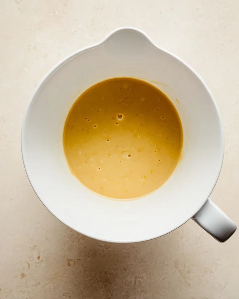 wet ingredients for cherry protein muffins mixed in large mixing bowl.