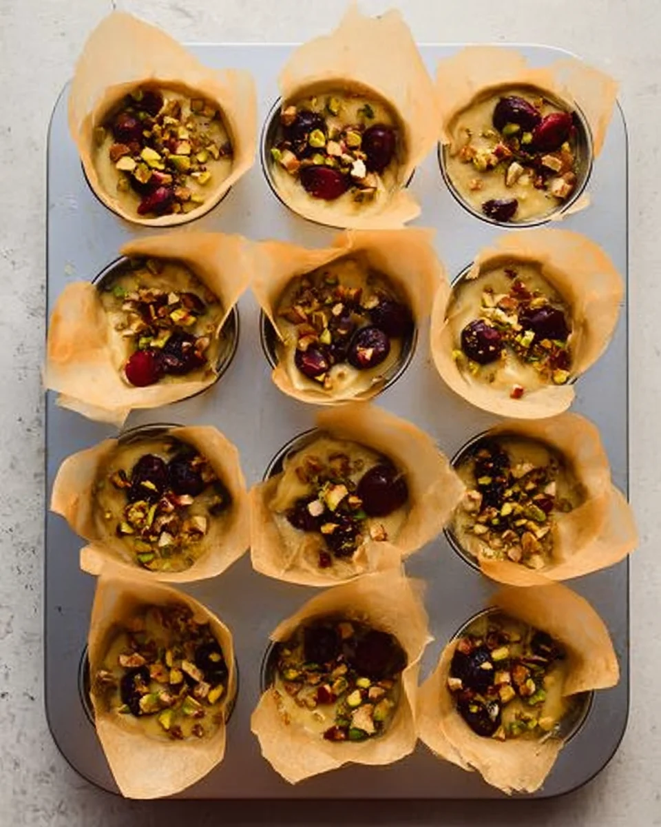 pistachio cherry muffin batter distributed into muffin liners in muffin tin.