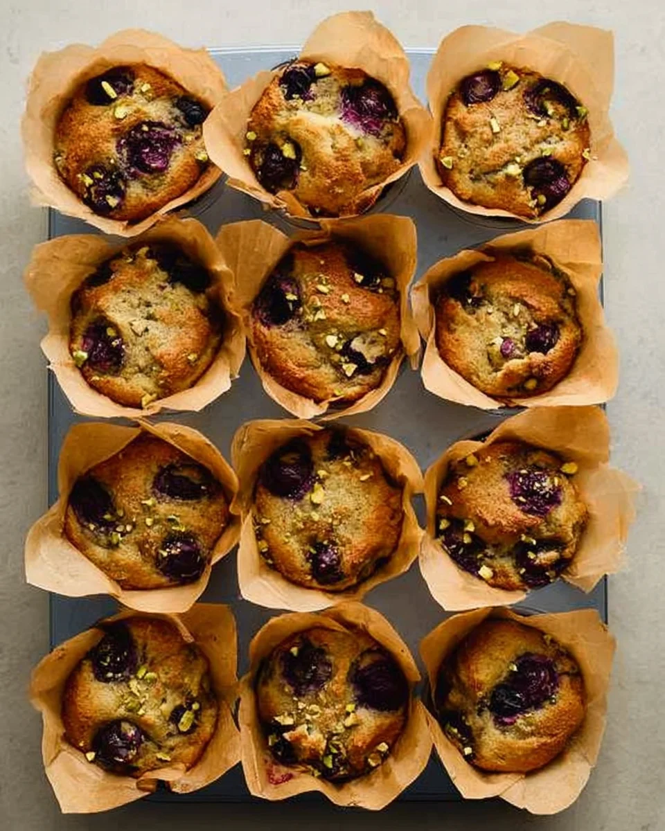 12 pistachio cherry muffins in parchment liners in gray muffin tin.