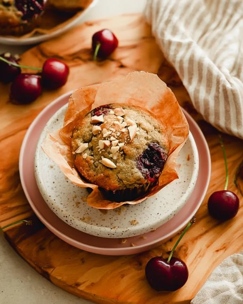 pistachio cherry muffins in parchment liner on speckled serving plate.