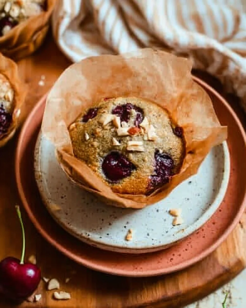 pistachio cherry muffins in parchment liner on speckled serving plate.