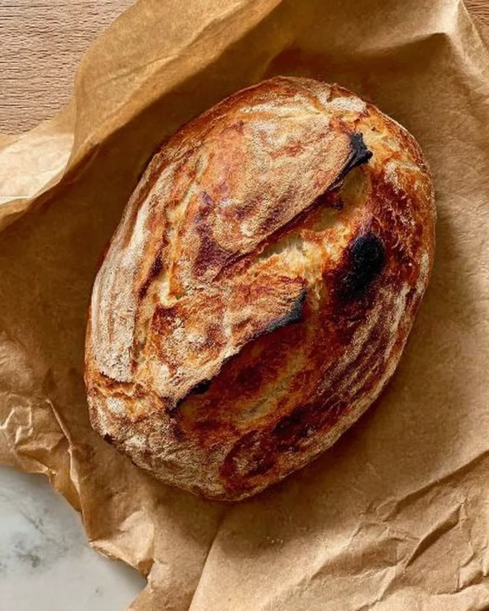 perfectly golden and baked cinnamon swirl sourdough loaf of bread on parchment paper.