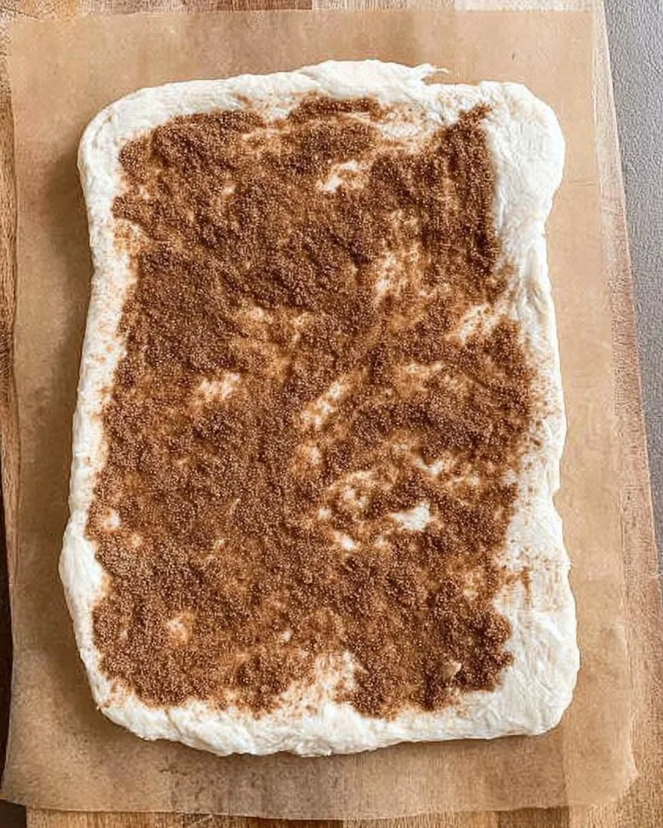 sourdough rolled in a rectangle topped with cinnamon sugar mixture. 