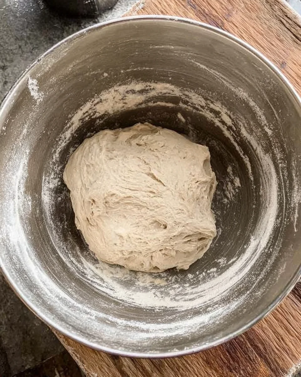 sourdough bread formed into a loose ball in floured bowl.