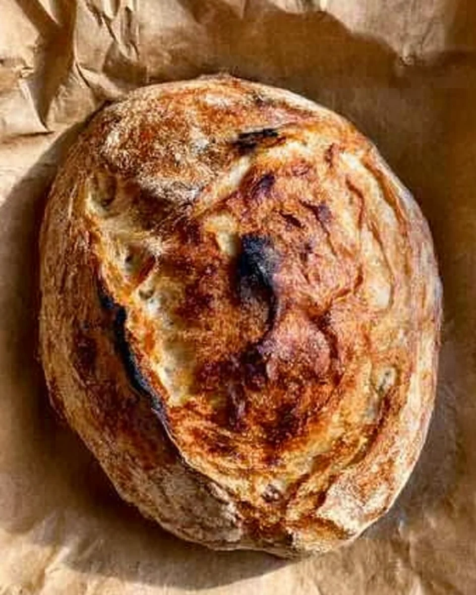 cinnamon swirl sourdough loaf on parchment on wood cutting board.