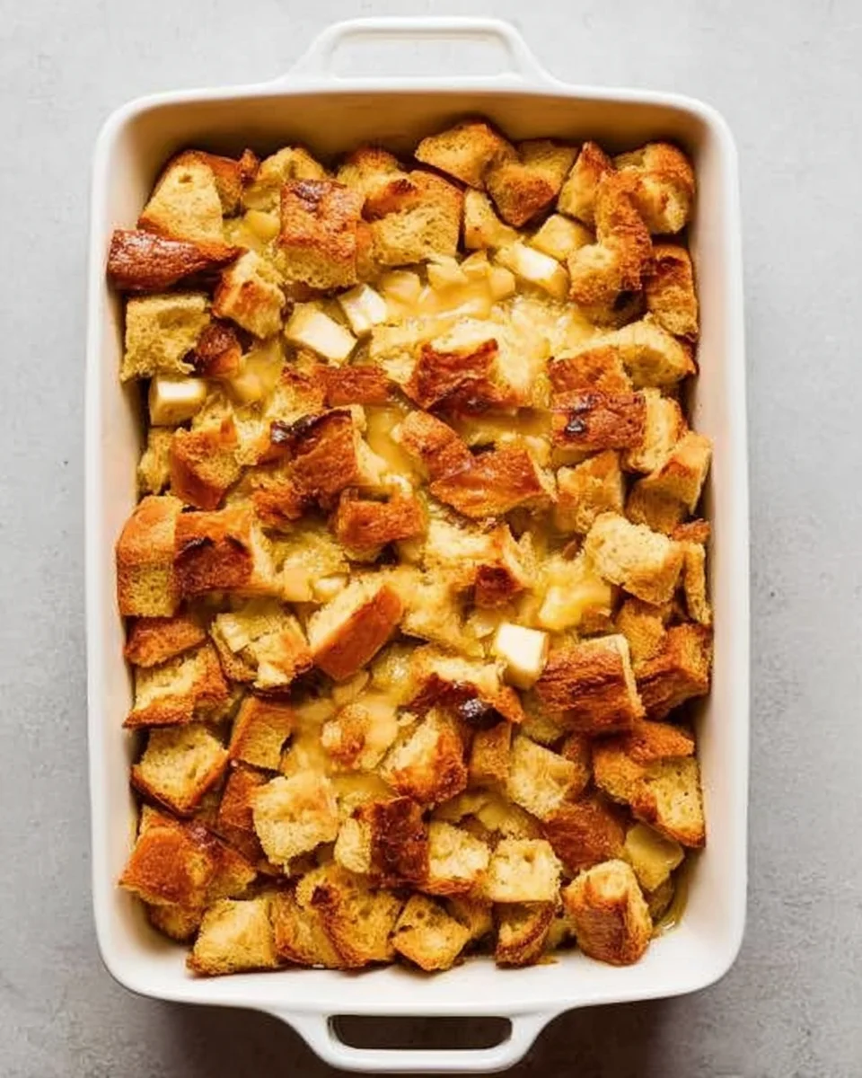 baked overnight eggnog french toast casserole in white baking dish.