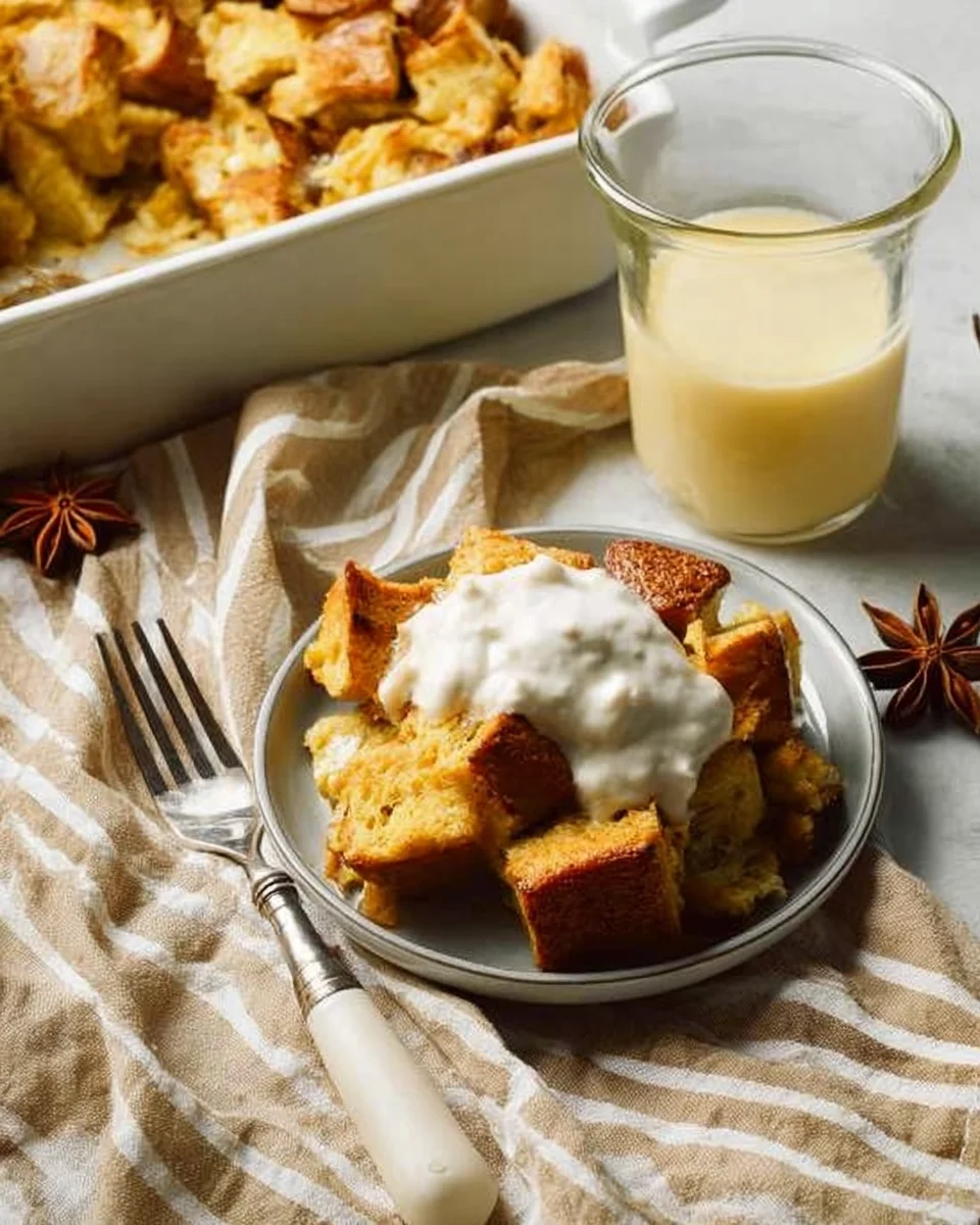 slice of eggnog french toast casserole topped with whipped cream on serving plate with fork.