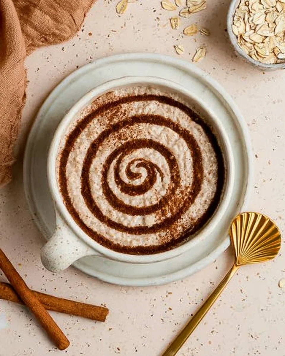 cinnamon roll overnight oats topped with a cinnamon swirl glaze.