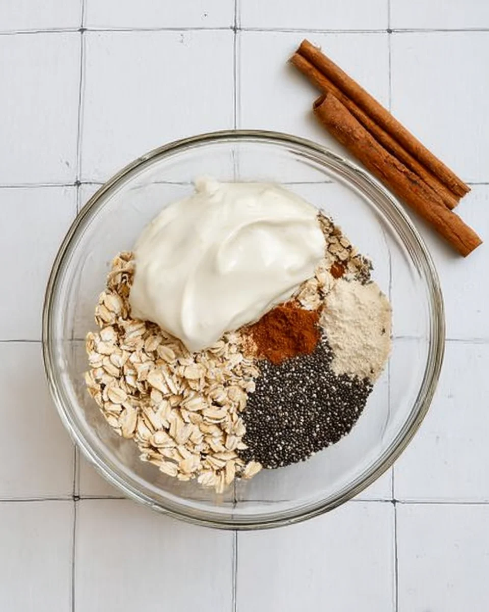 cinnamon overnight oats ingredients in glass bowl.