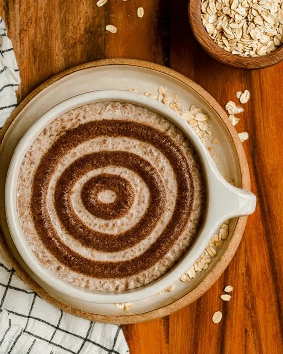 cinnamon roll overnight oats topped with a cinnamon swirl glaze.