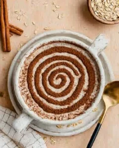 cinnamon roll overnight oats topped with a cinnamon swirl glaze.