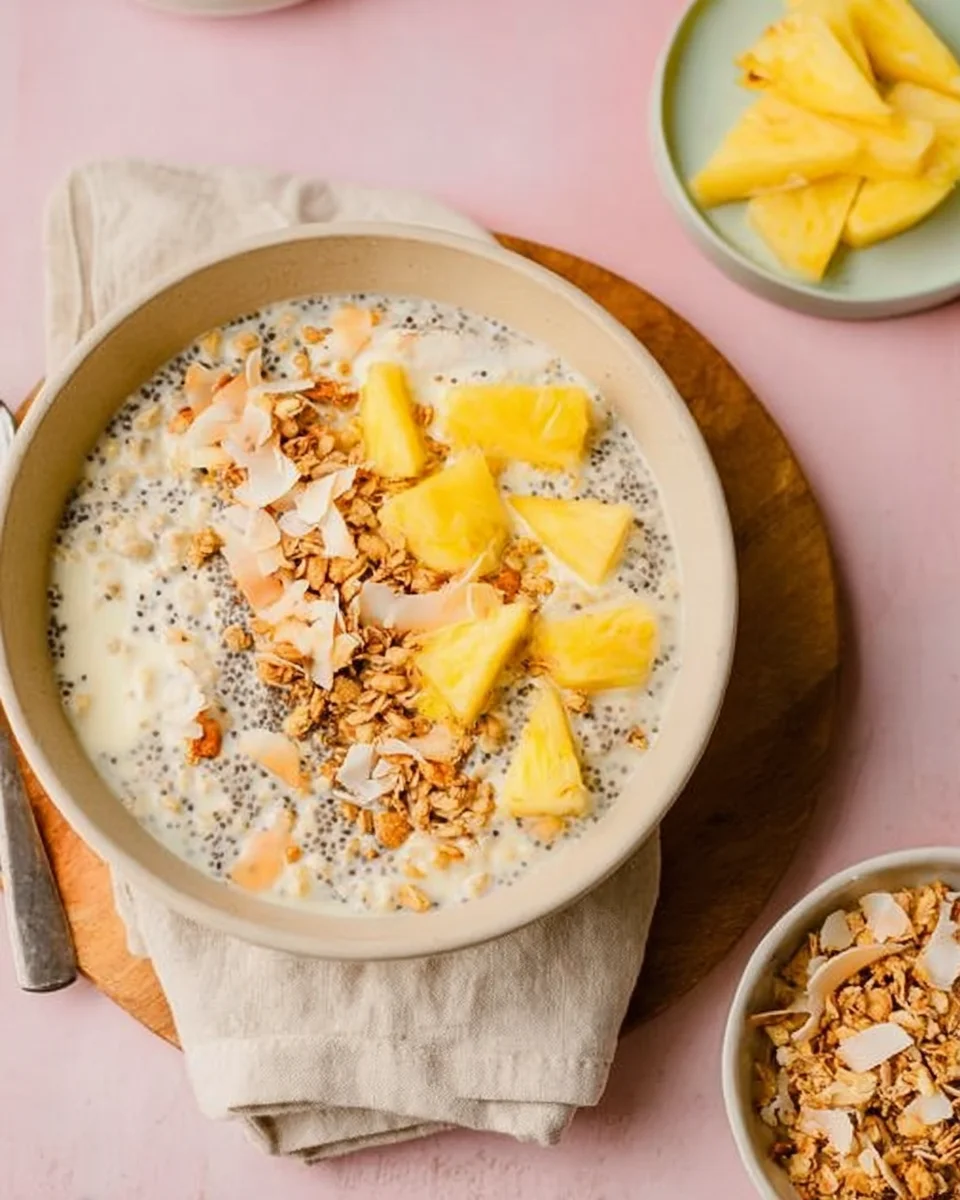 pineapple overnight oats topped with granola, pineapple slices and shredded coconut.