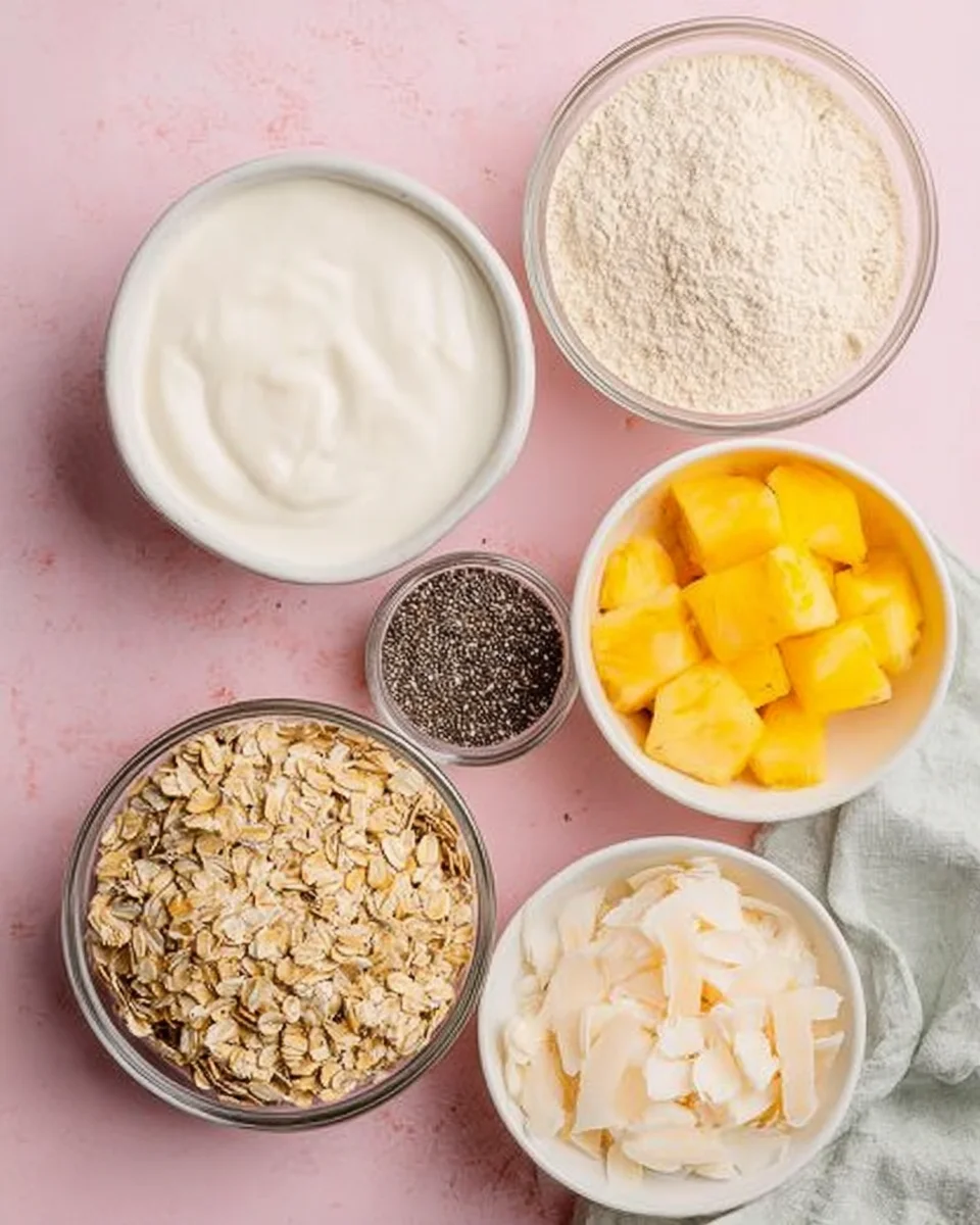 ingredients for pineapple overnight oats in individual bowls.