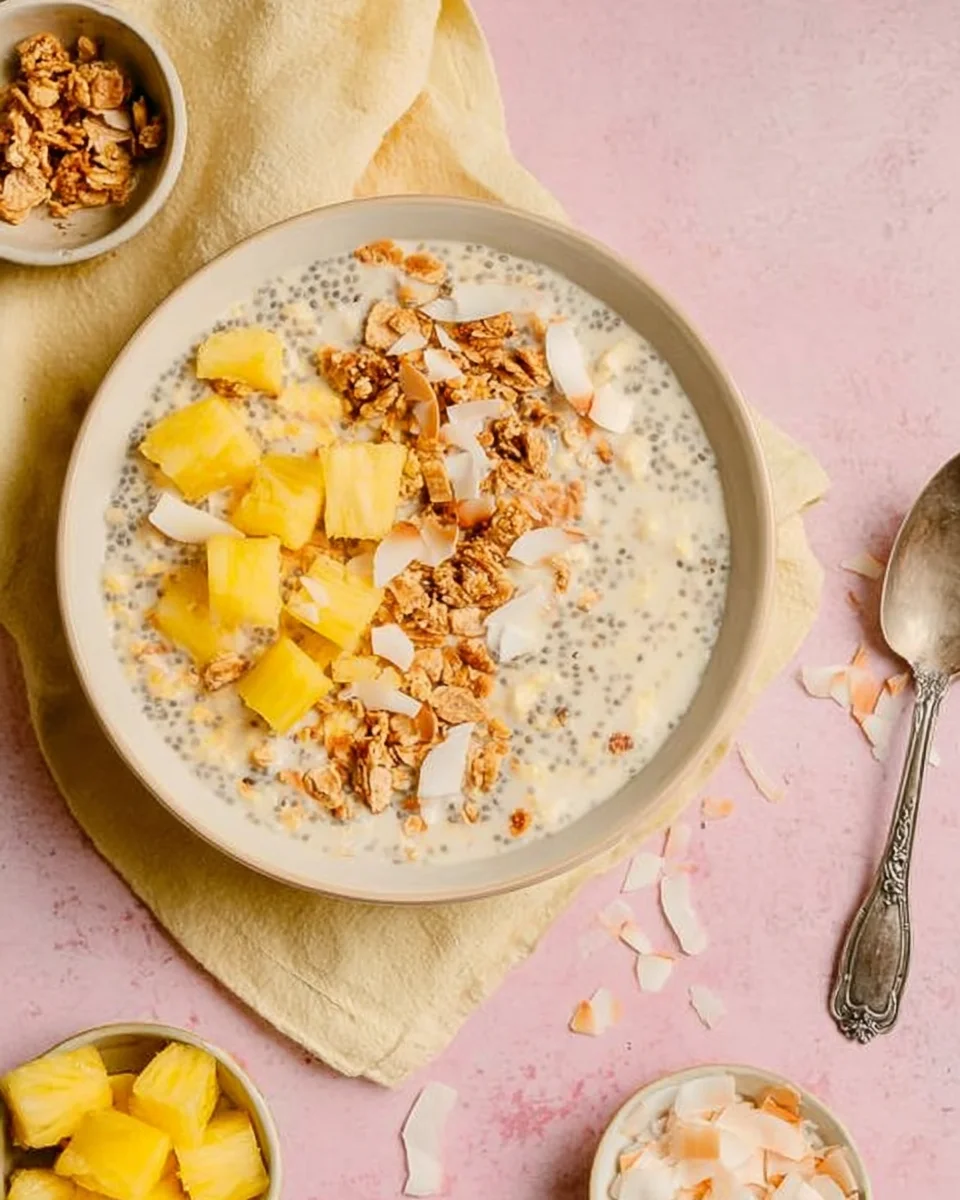 pineapple overnight oats topped with granola, pineapple slices and shredded coconut.