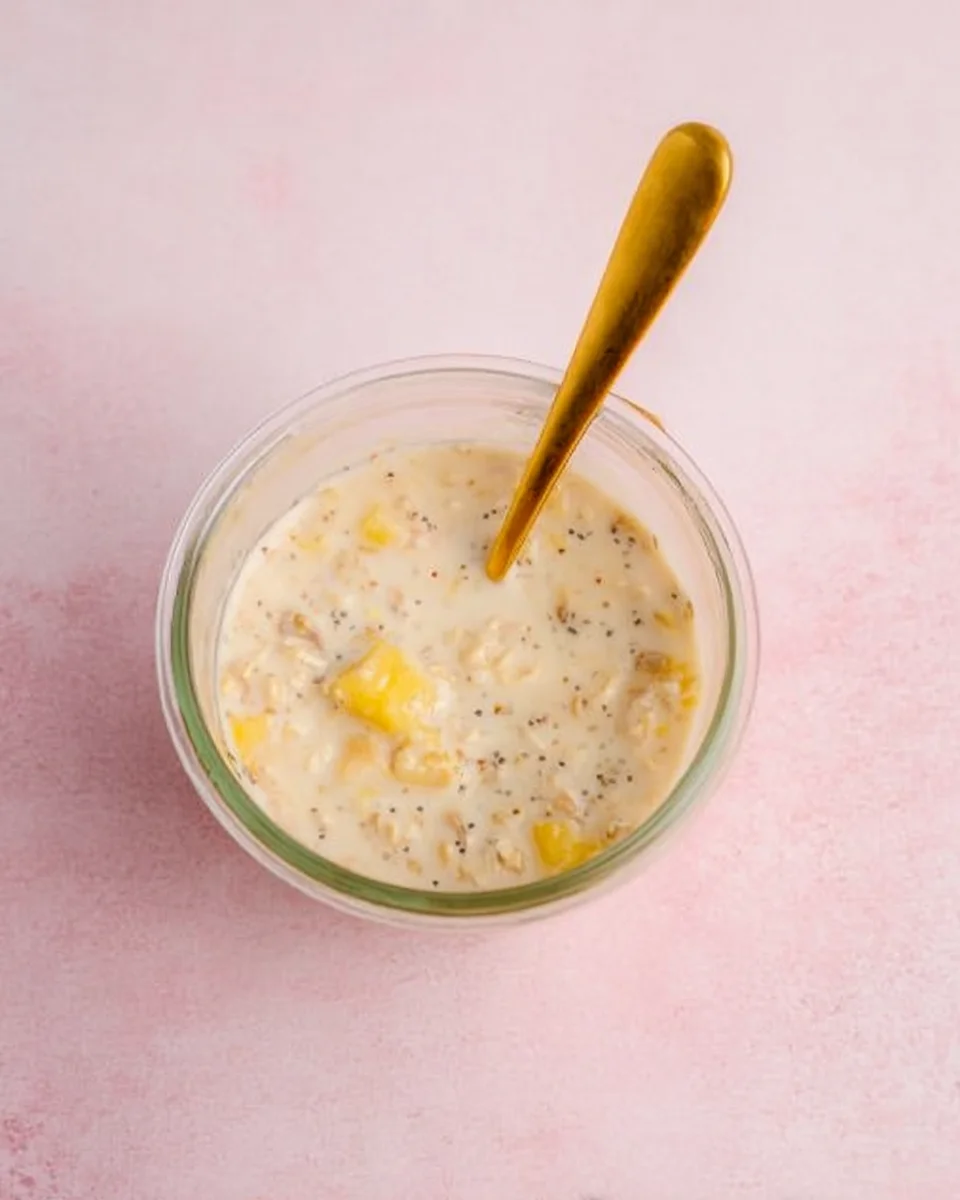 pineapple overnight oats in glass jar with gold spoon.
