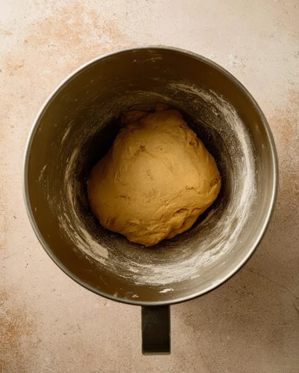 cranberry cinnamon roll dough in bowl of stand mixer.