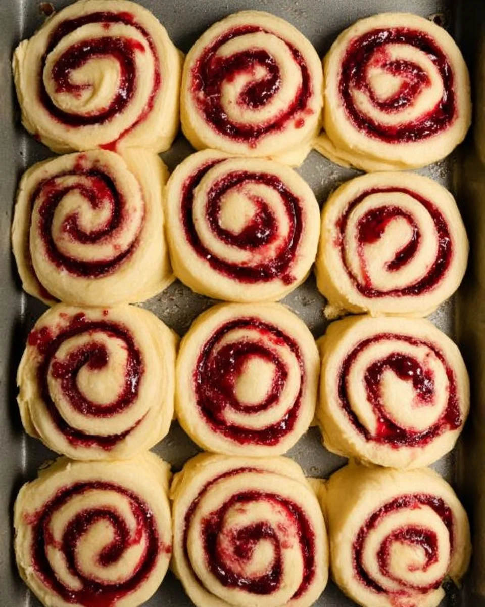 12 raw cranberry cinnamon rolls in parchment lined baking dish.