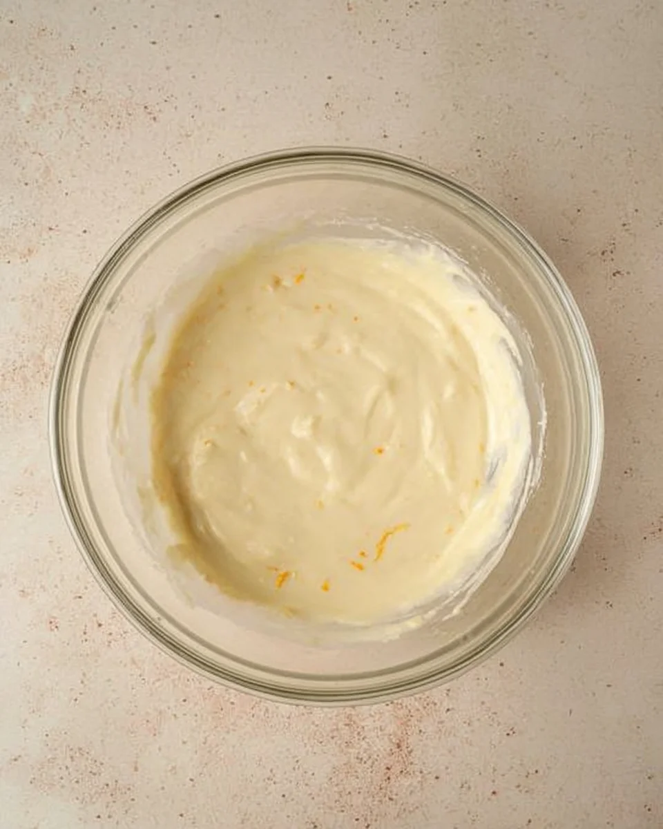 cream cheese orange glaze in glass mixing bowl.