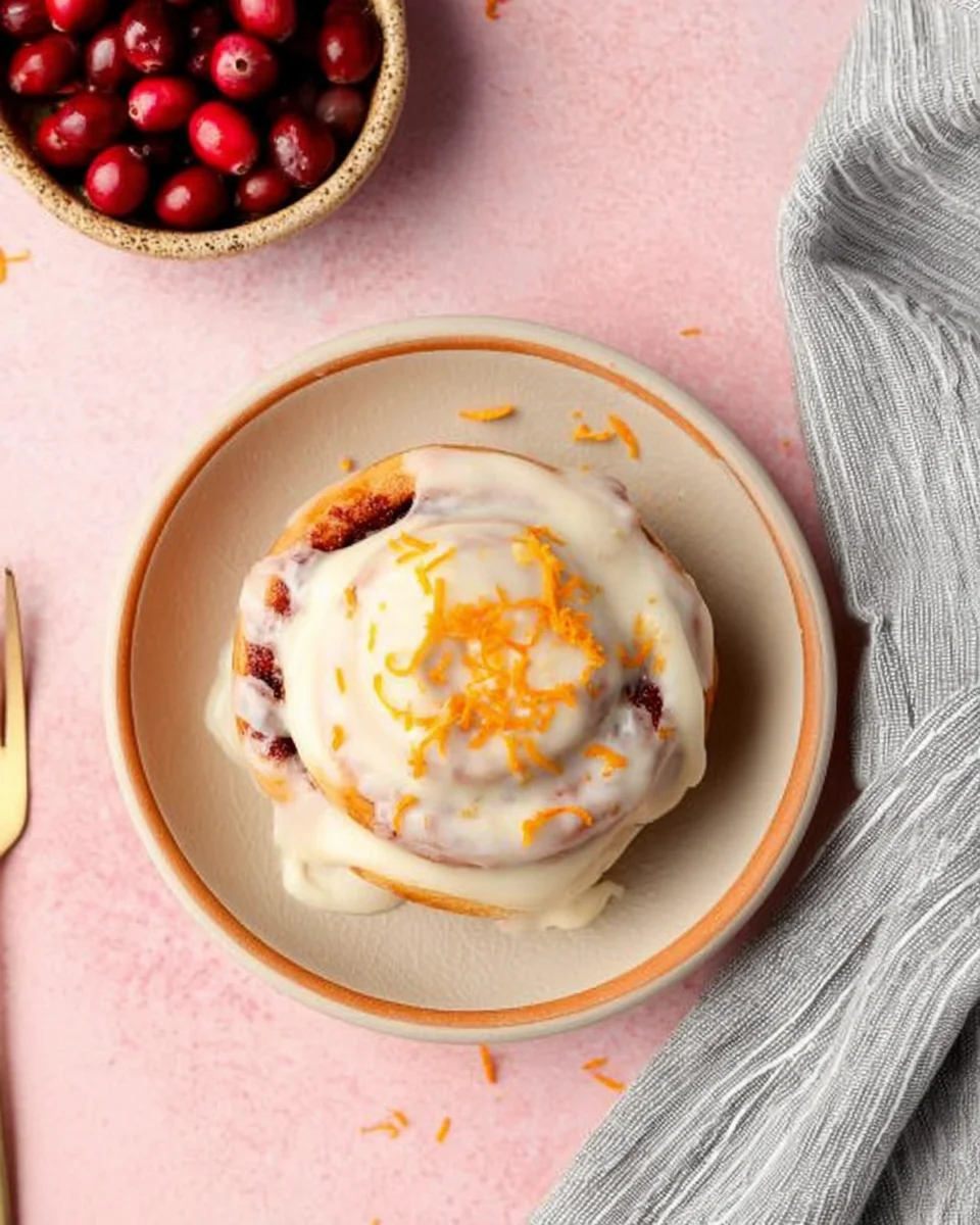 cranberry cinnamon roll with orange glaze on small serving plate beside bowl of cranberries.