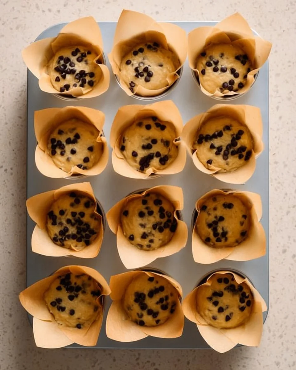 peanut butter banana muffin batter in 12 parchment liners in muffin tin.