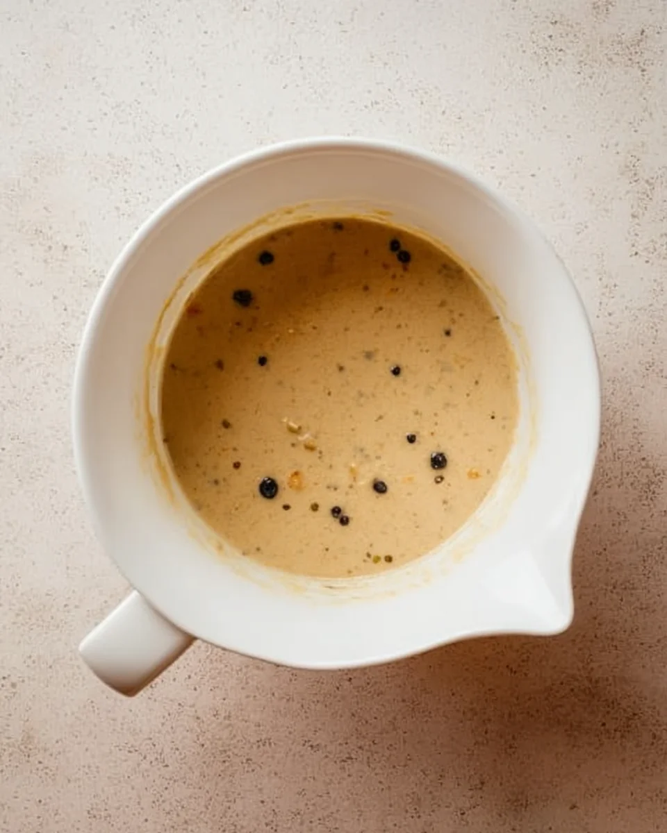 peanut butter banana muffin batter in white mixing bowl.