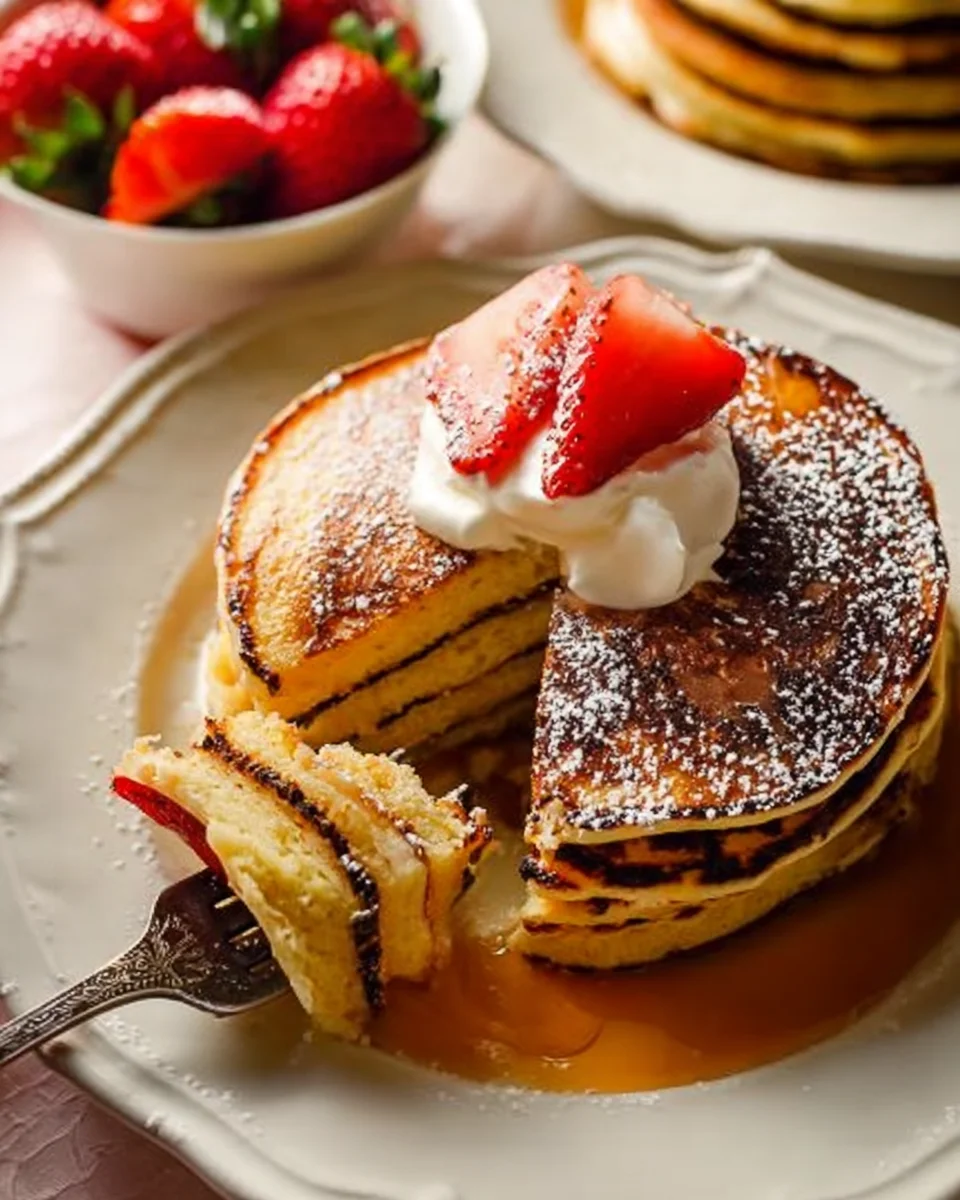 stack of cottage cheese pancakes topped with whip cream and fresh strawberries, with a fork full cut out.