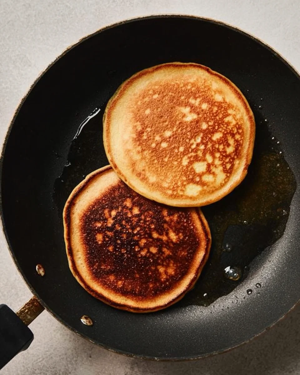 two pancakes cooking in black skillet.