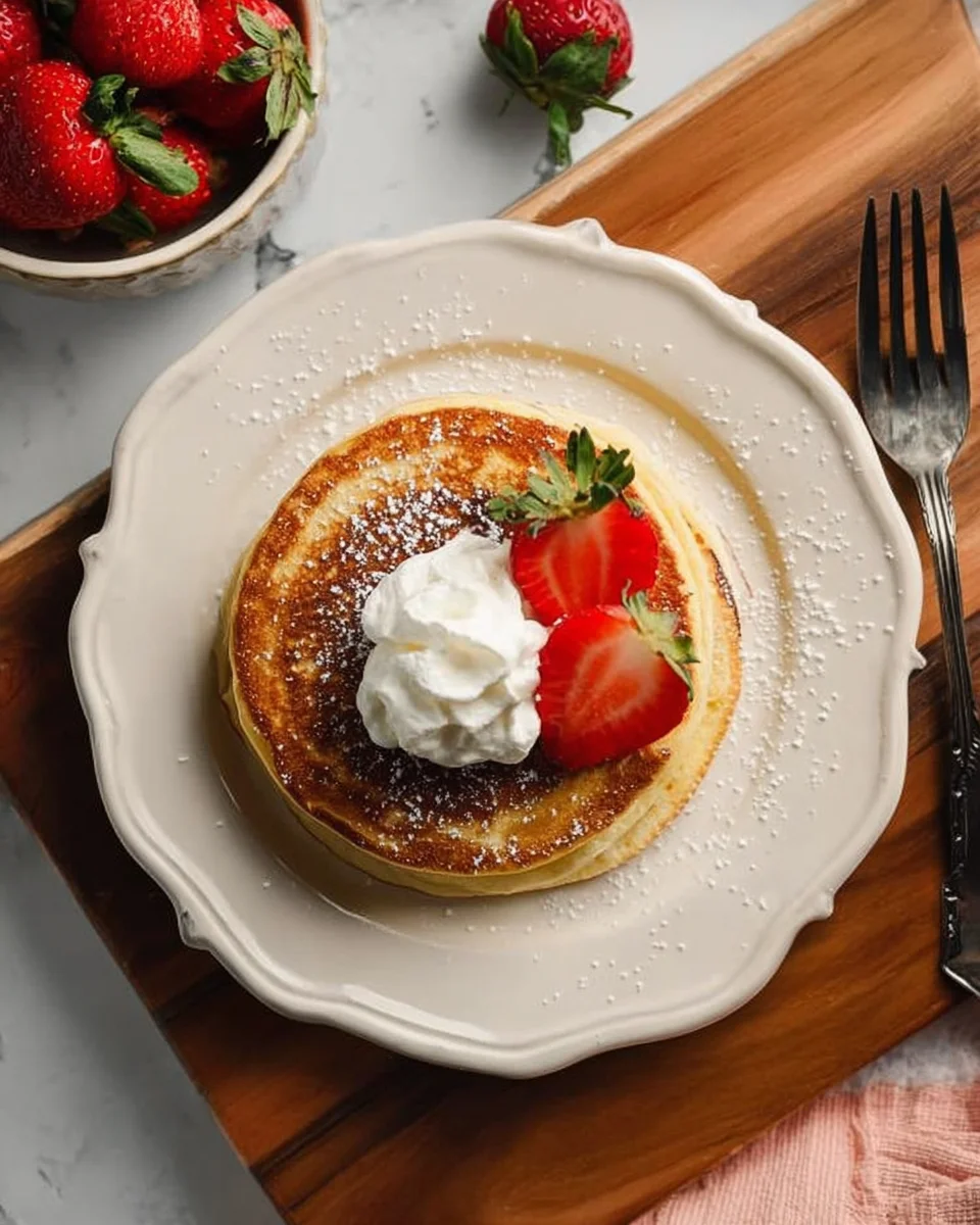 stack of golden protein pancakes on white plate topped with whipped cream and fresh strawberries.