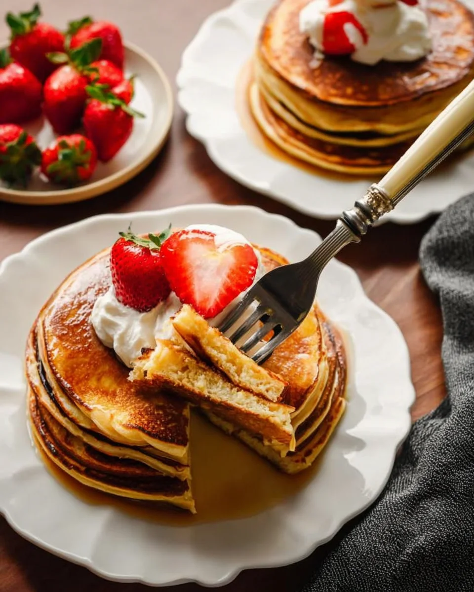 stack of cottage cheese pancakes topped with whip cream and fresh strawberries, with a fork full cut out.