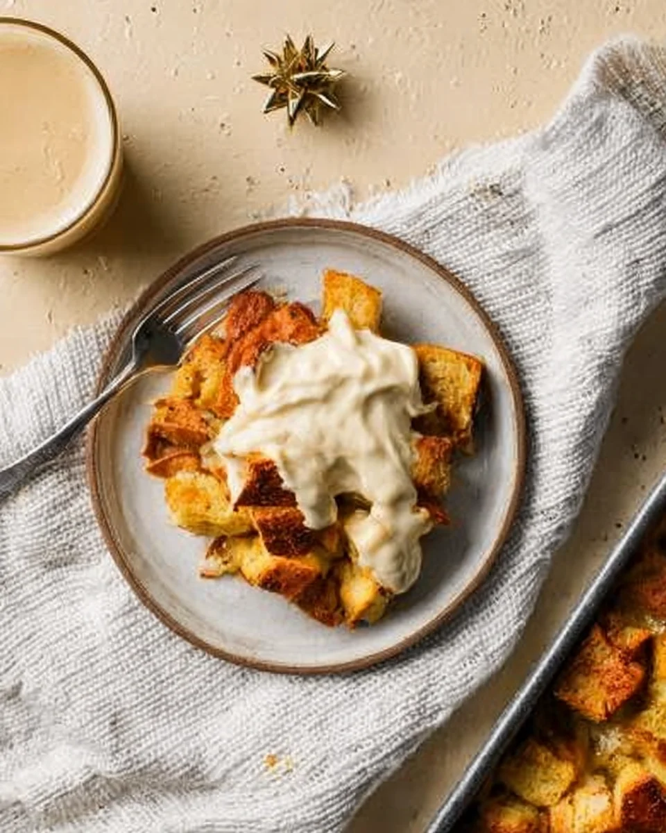 slice of eggnog french toast casserole topped with whipped cream on serving plate with fork.