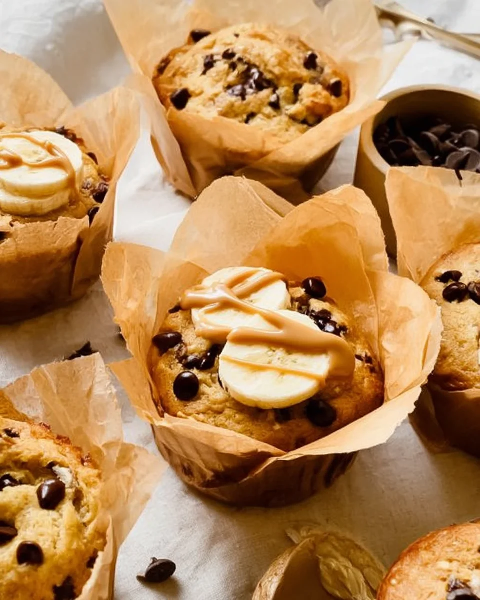 baked peanut butter banana muffin drizzled with peanut butter in parchment liner.