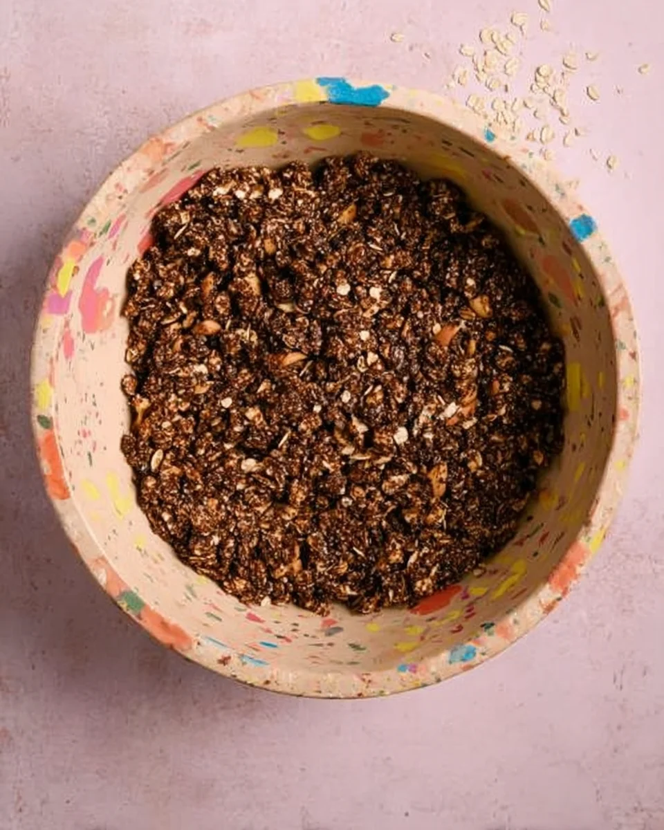 chocolate peanut butter granola ingredients mixed in large mixing bowl.