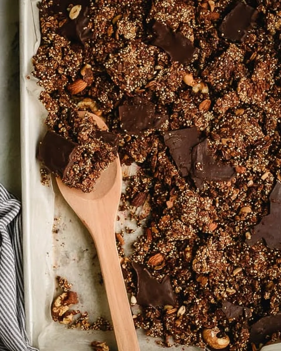 chocolate peanut butter granola on sheet pan with wood spatula.
