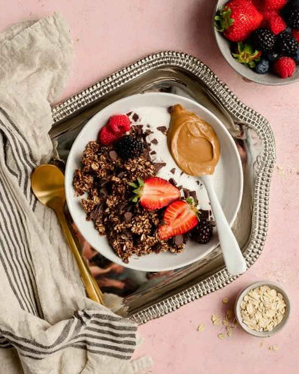 chocolate peanut butter granola on top of a yogurt bowl with fruit and extra peanut butter.