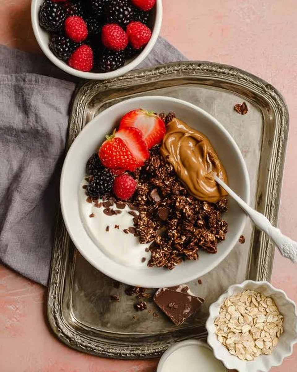 chocolate peanut butter granola on top of a yogurt bowl with fruit and extra peanut butter.