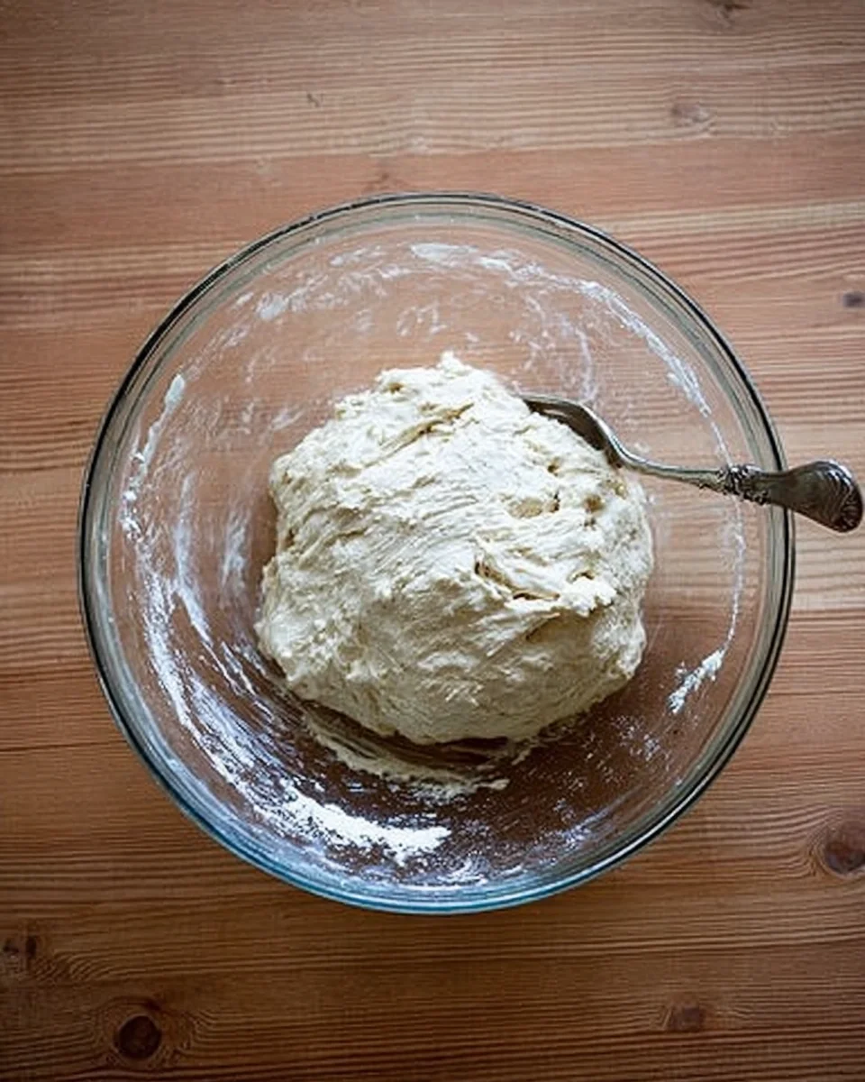A bowl of no-knead thyme dinner roll dough, punched down. A bowl of no-knead thyme dinner roll dough, punched down.