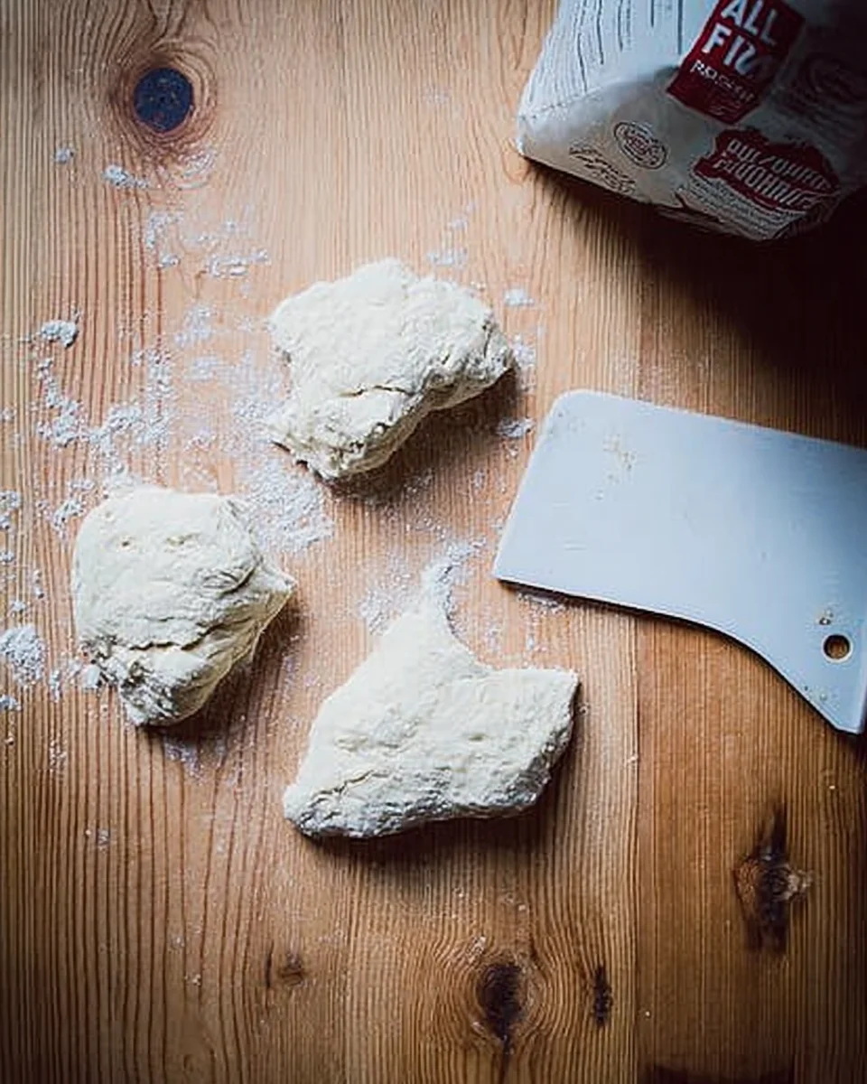 Four portions of naan dough on a floured work surface.