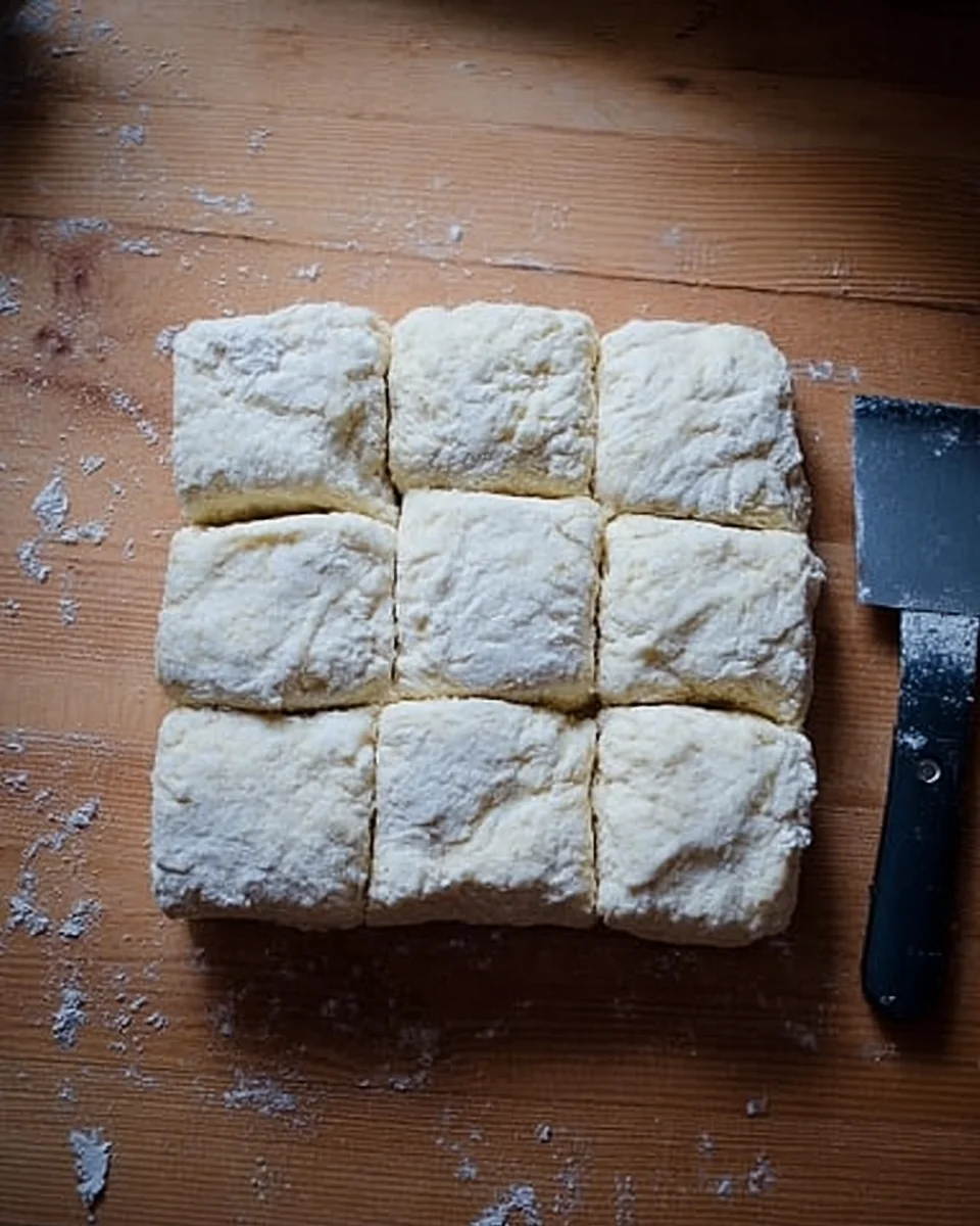 A block of biscuit dough cut into 9 squares.