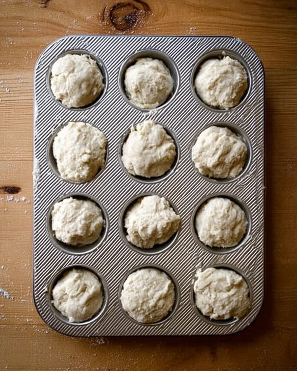 A muffin tin filled with dinner roll dough. A muffin tin filled with dinner roll dough.