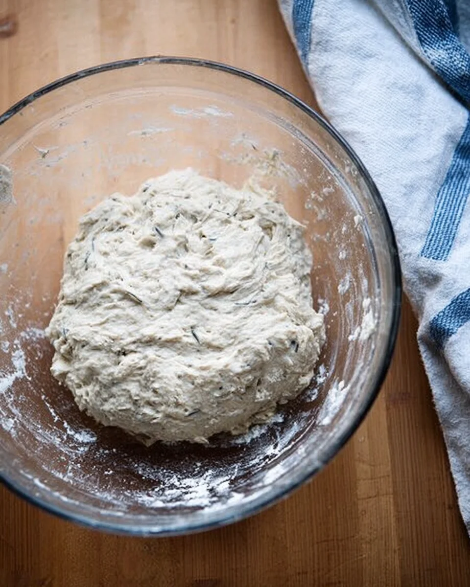 Just-mixed thyme dinner roll dough in a bowl. Just-mixed thyme dinner roll dough in a bowl.