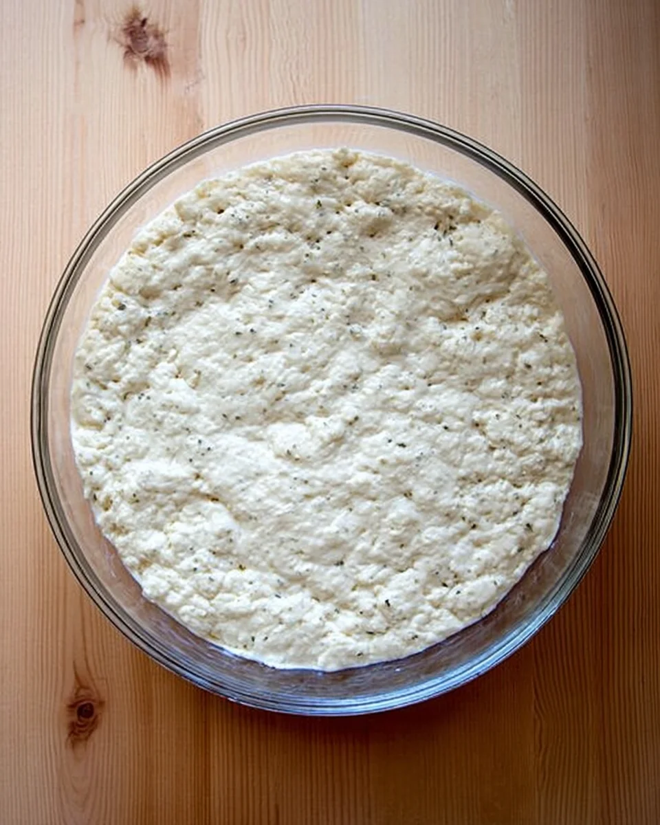 A bowl of risen no-knead thyme dinner roll dough. A bowl of risen no-knead thyme dinner roll dough.