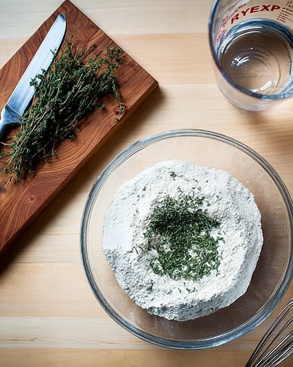 A bowl of flour, salt, sugar, yeast, and thyme. A bowl of flour, salt, sugar, yeast, and thyme.