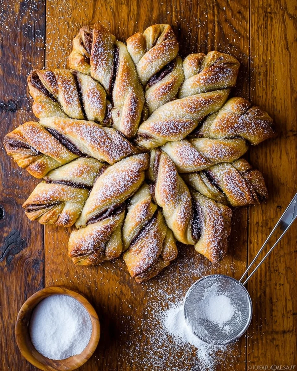 A top-down view of a puff pastry dessert dusted with confectioners' sugar