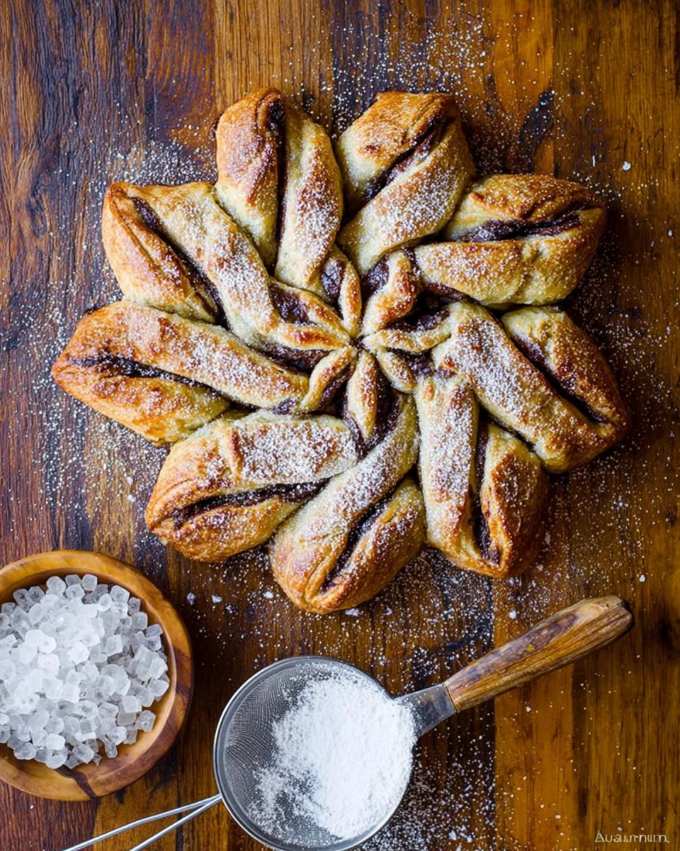 A puff pastry snowflake dusted with powdered sugar
