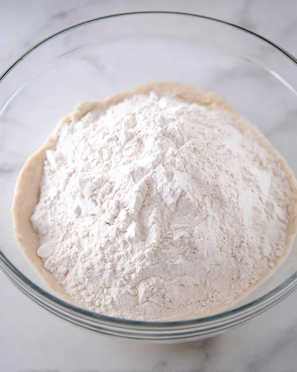 Flour added to yeast and water in glass bowl.