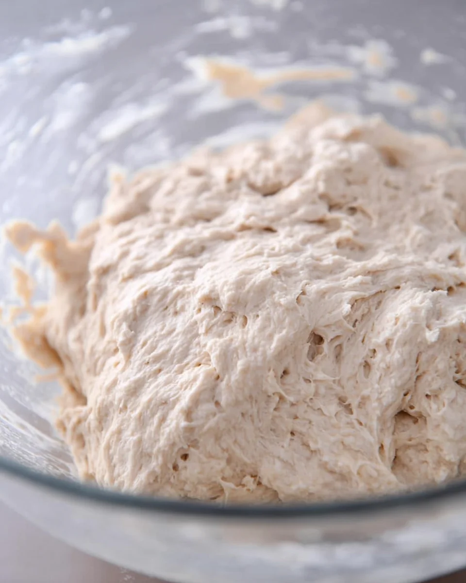 Shaggy bread dough mixed in glass bowl.