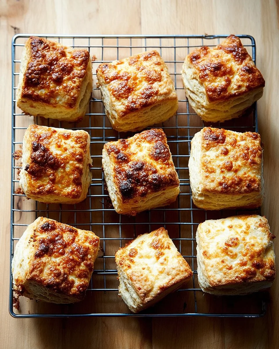 Just-baked buttermilk biscuits on a cooling rack.