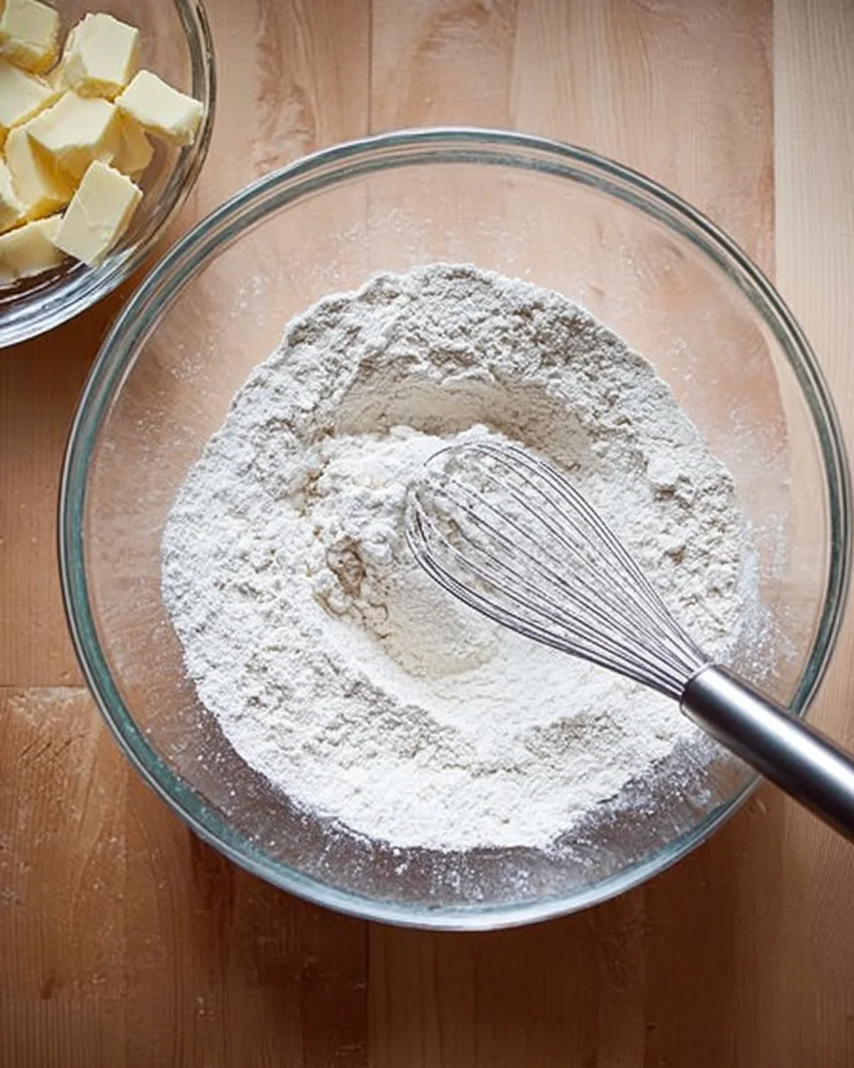 A bowl of flour, salt, sugar, and baking powder mixed together.