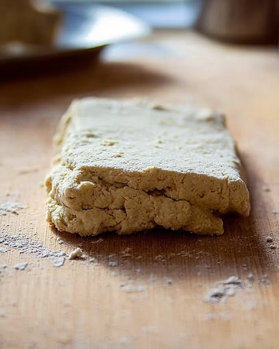 Folded biscuit dough on the counter top.